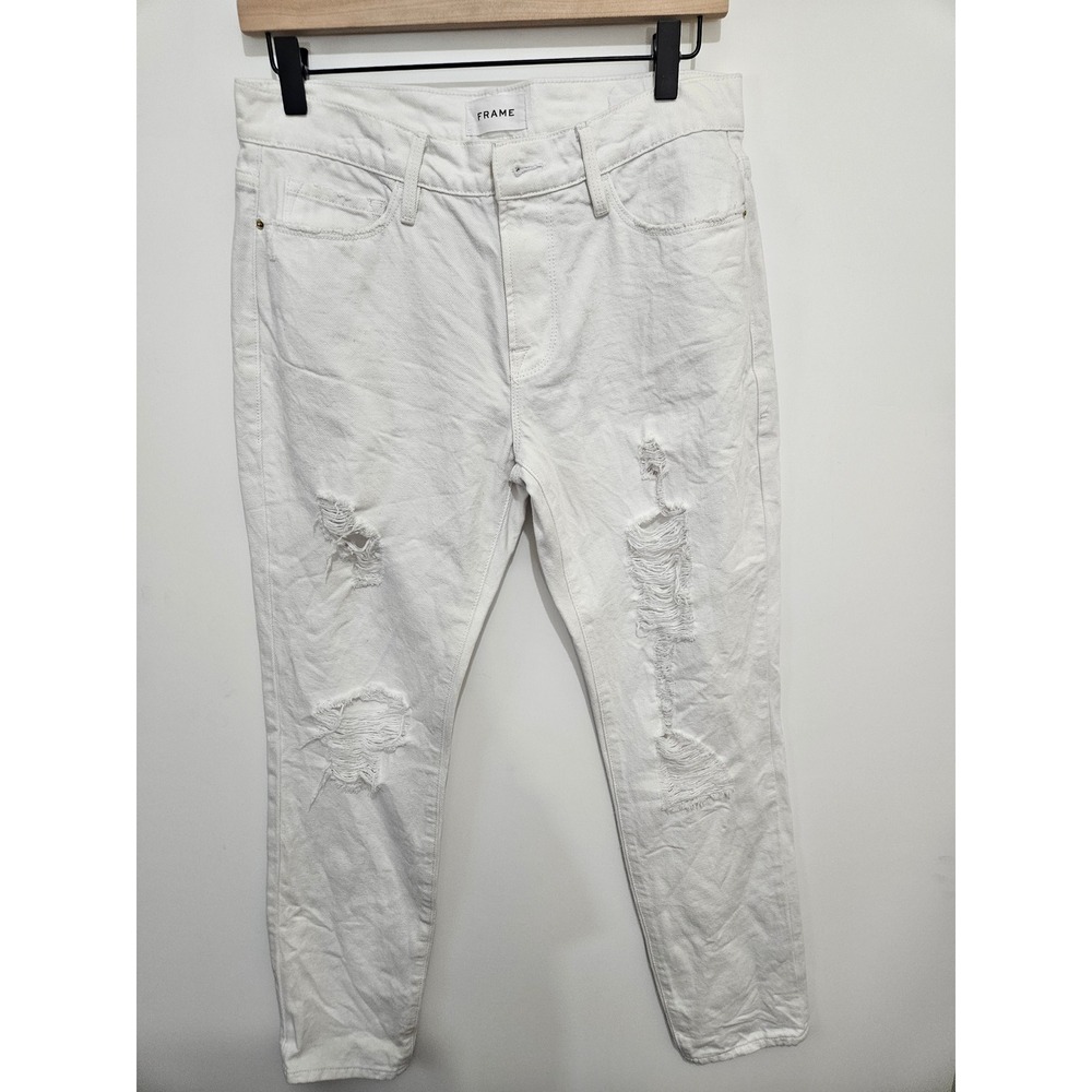 FRAME Le Garcon Rumpled Blanc Rips Distressed White Boyfriend Jeans LGJ171